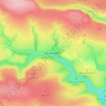 Topografische kaart Simonsbath, hoogte, reliëf