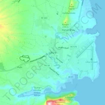 Topografische kaart Lihue, hoogte, reliëf