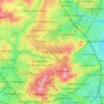 Topografische kaart East Finchley, hoogte, reliëf