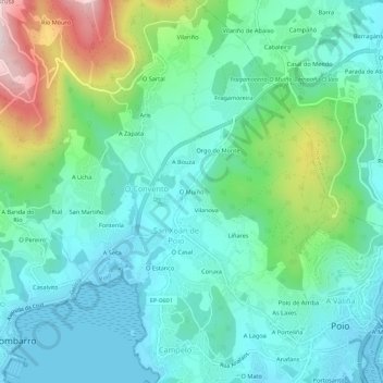 Topografische kaart O Muíño, hoogte, reliëf