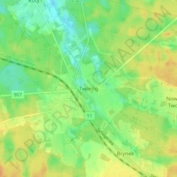 Topografische kaart Tworog, hoogte, reliëf