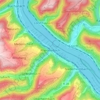 Topografische kaart Rheindiebach, hoogte, reliëf