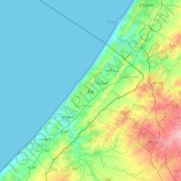Topografische kaart Gaza, hoogte, reliëf