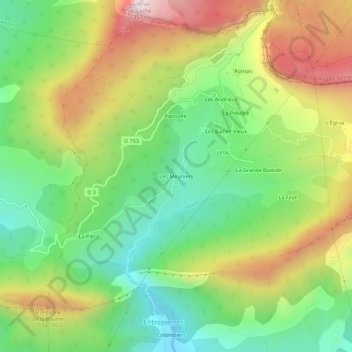 Topografische kaart Les Meuniers, hoogte, reliëf