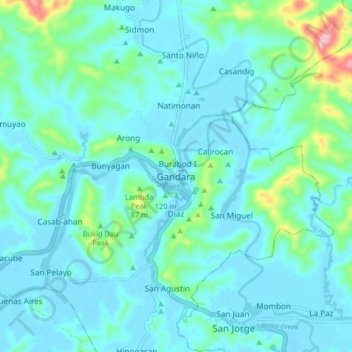 Topografische kaart Gandara, hoogte, reliëf