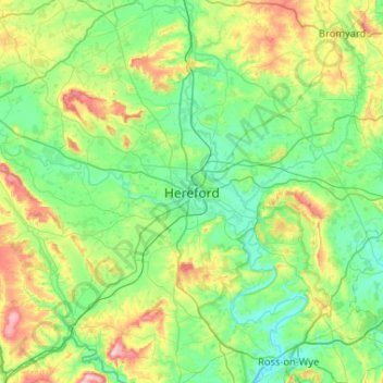 Topografische kaart Hereford, hoogte, reliëf