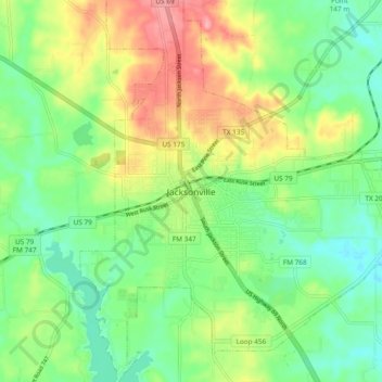 Topografische kaart Jacksonville, hoogte, reliëf
