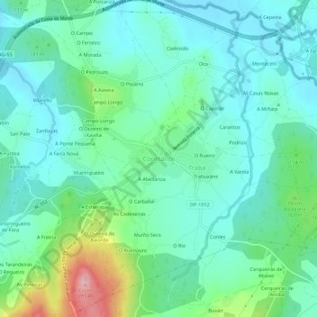 Topografische kaart Coristanco, hoogte, reliëf