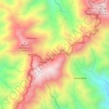 Topografische kaart Abiang, hoogte, reliëf
