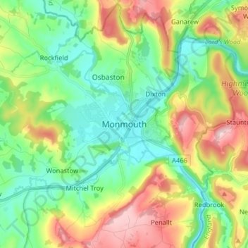 Topografische kaart Monmouth, hoogte, reliëf