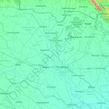 Topografische kaart Gorakhpur, hoogte, reliëf