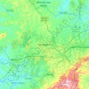 Topografische kaart Contagem, hoogte, reliëf