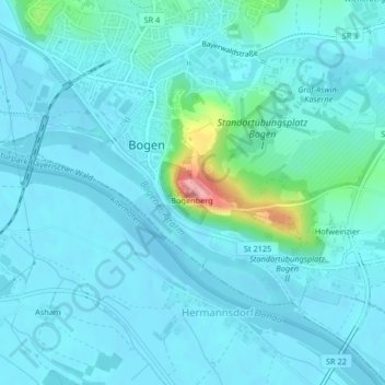 Topografische kaart Bogenberg, hoogte, reliëf