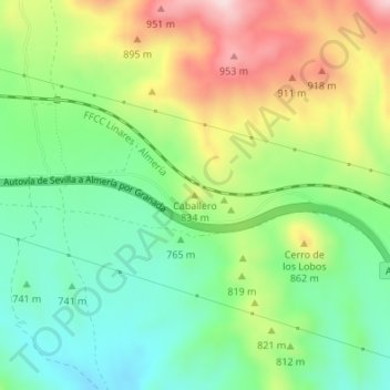 Topografische kaart Caballero, hoogte, reliëf