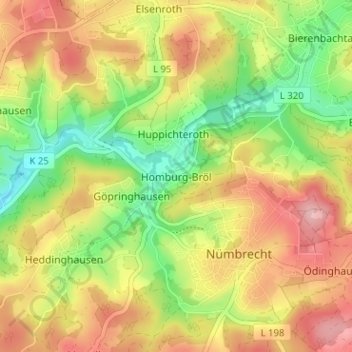 Topografische kaart Homburg-Bröl, hoogte, reliëf