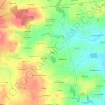 Topografische kaart Senac, hoogte, reliëf