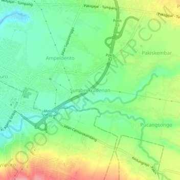 Topografische kaart Sumberkradenan, hoogte, reliëf