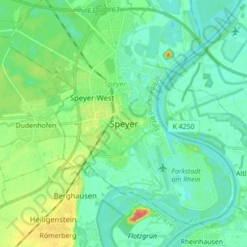 Topografische kaart Speyer, hoogte, reliëf