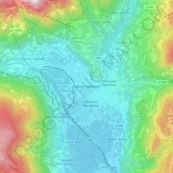 Topografische kaart Meran, hoogte, reliëf