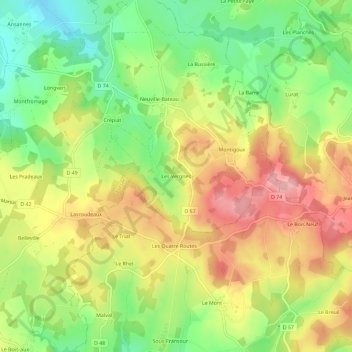 Topografische kaart Les Vergnes, hoogte, reliëf