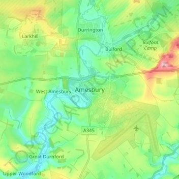 Topografische kaart Amesbury, hoogte, reliëf