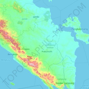 Topografische kaart South Sumatra, hoogte, reliëf