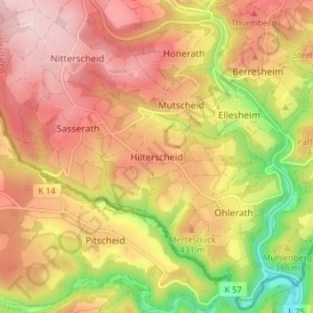 Topografische kaart Hilterscheid, hoogte, reliëf