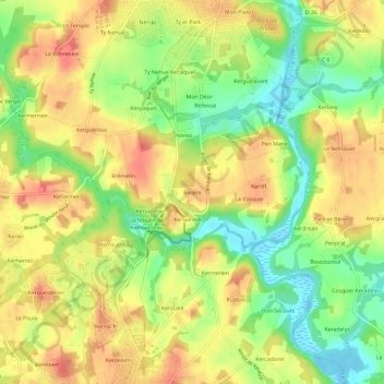 Topografische kaart Bivière, hoogte, reliëf