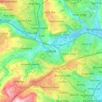 Topografische kaart Elland, hoogte, reliëf