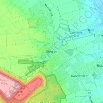 Topografische kaart Glessen, hoogte, reliëf