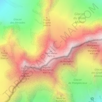 Topografische kaart Mont Mallet, hoogte, reliëf