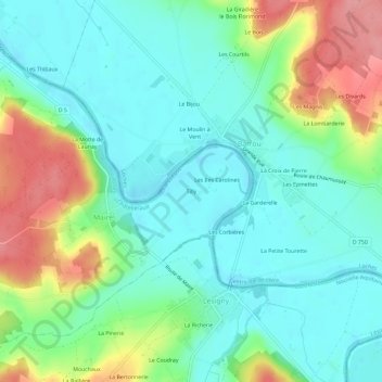 Topografische kaart Tilly, hoogte, reliëf
