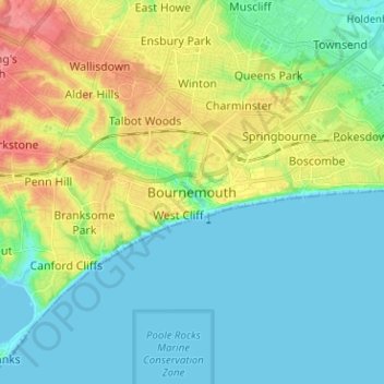 Topografische kaart Bournemouth, hoogte, reliëf