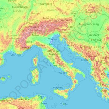 Topografische kaart Italy, hoogte, reliëf