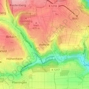 Topografische kaart Kemnat, hoogte, reliëf