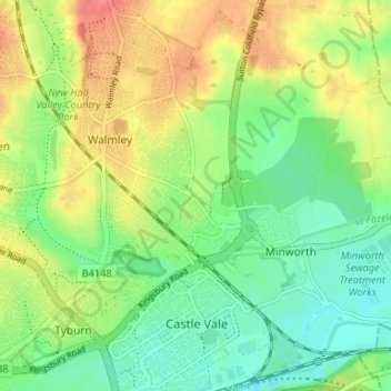 Topografische kaart Walmley Ash, hoogte, reliëf