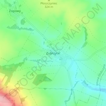 Topografische kaart Zubrzyce, hoogte, reliëf