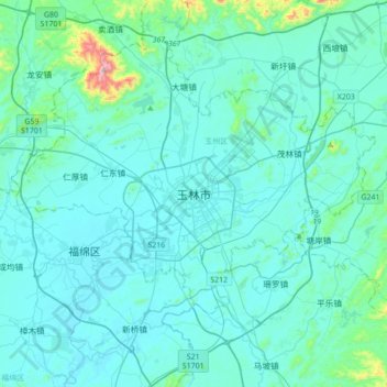 Topografische kaart Yulin, hoogte, reliëf