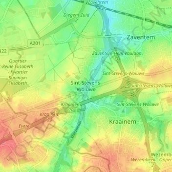 Topografische kaart Sint-Stevens-Woluwe, hoogte, reliëf