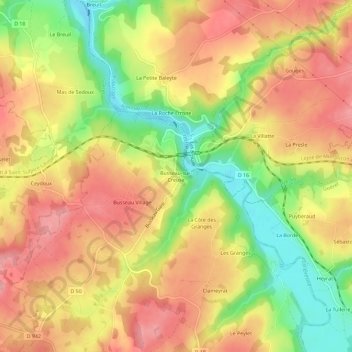 Topografische kaart Busseau-sur-Creuse, hoogte, reliëf