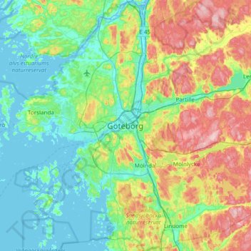Topografische kaart Göteborg, hoogte, reliëf