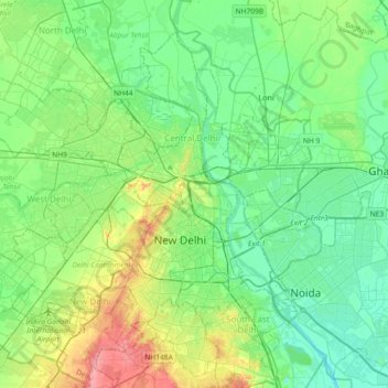 Topografische kaart Delhi, hoogte, reliëf