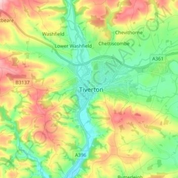 Topografische kaart Tiverton, hoogte, reliëf
