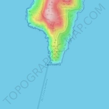 Topografische kaart Cabo Fisterra, hoogte, reliëf