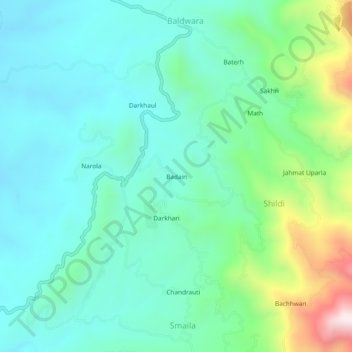 Topografische kaart Badain, hoogte, reliëf