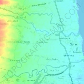 Topografische kaart Tinacla-an, hoogte, reliëf