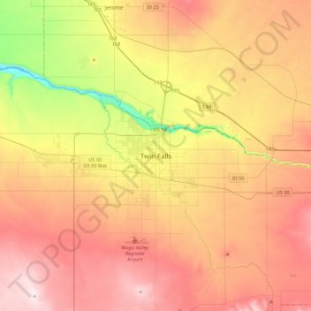Topografische kaart Twin Falls, hoogte, reliëf