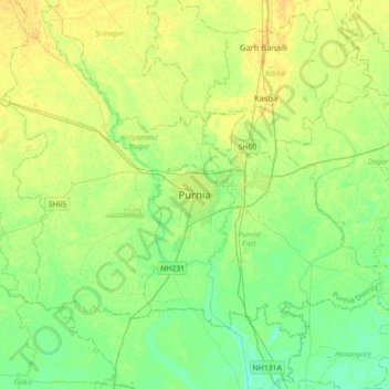 Topografische kaart Purnia, hoogte, reliëf