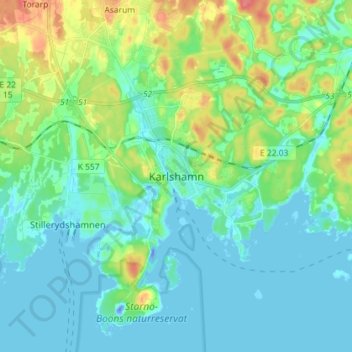 Topografische kaart Karlshamn, hoogte, reliëf