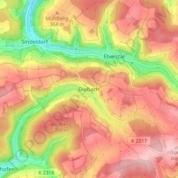 Topografische kaart Diebach, hoogte, reliëf